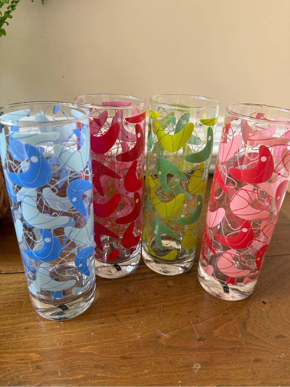 Set of 4 MCM-style Sourpuss Atomic Boomerang print Highball Glasses - Picture 2 of 7